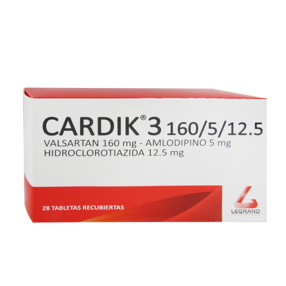 Cardik 3 160/5/12.5 mg – Valsartán + Amlodipino + Hidroclorotiazida, 28 tabletas