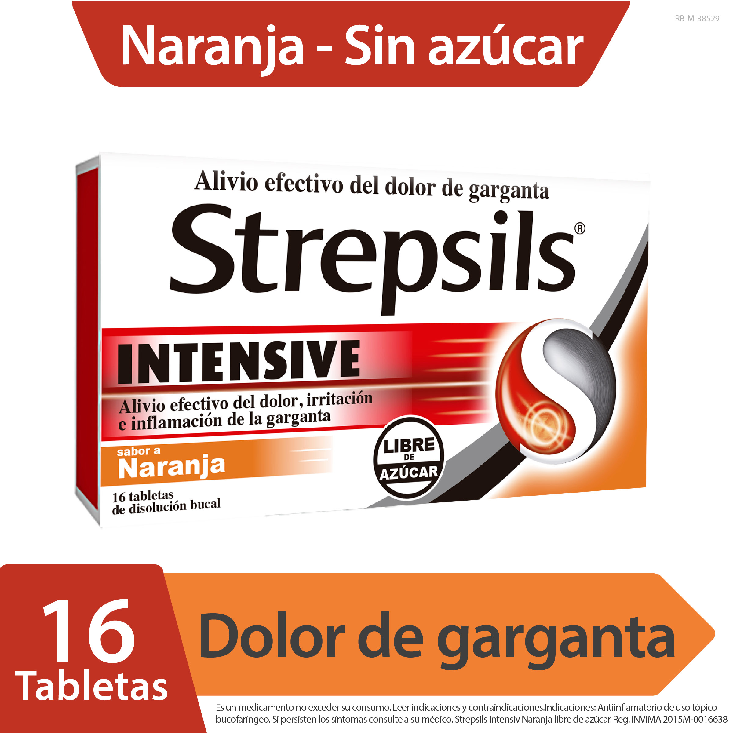 Strepsils Intens Naranja sin azúcar 16 pastillas - Flurbiprofeno