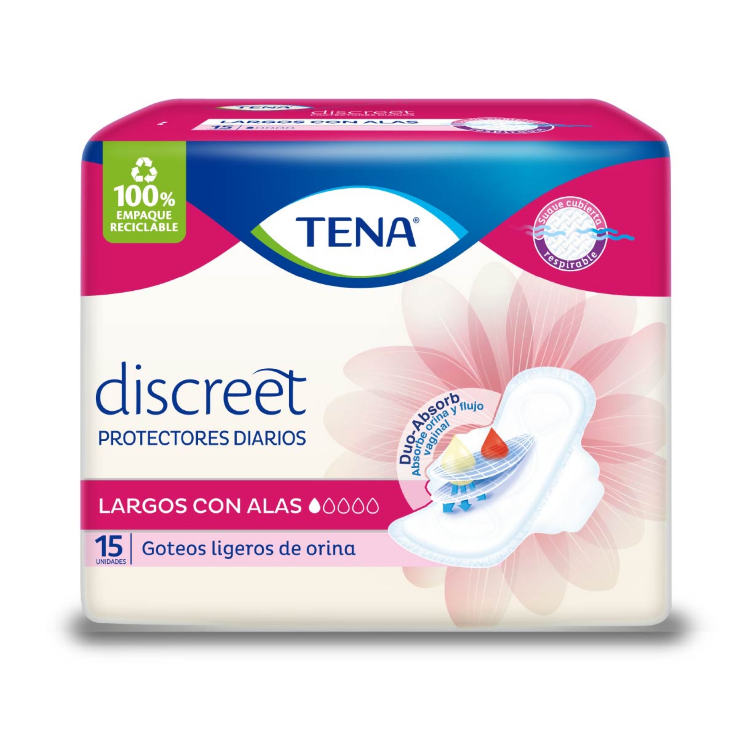 Protector TENA Largo – Alas Discreet, 15 Unidades