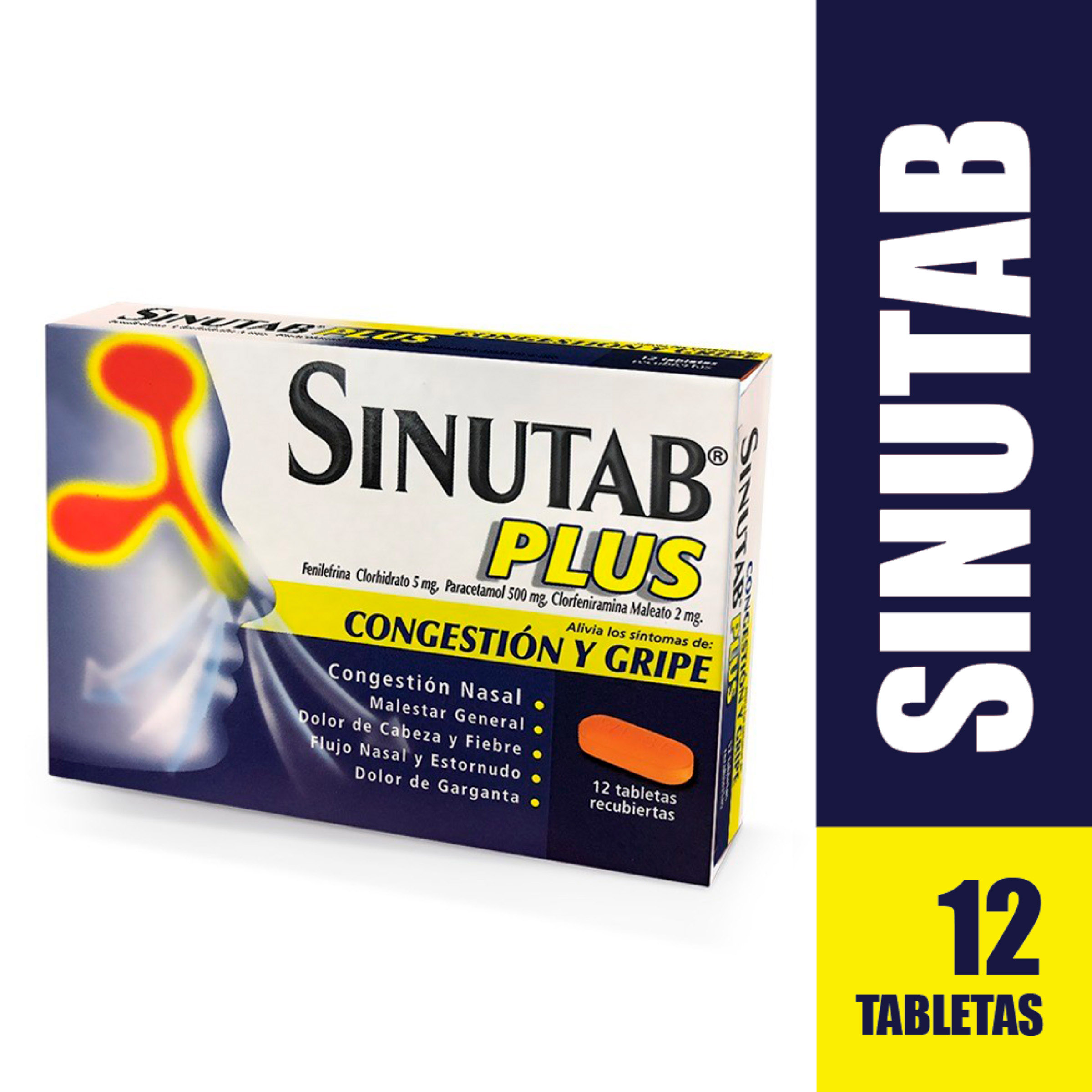 Sinutab Plus 12 tabletas – acetaminofén, clorfeniramina y fenilefrina