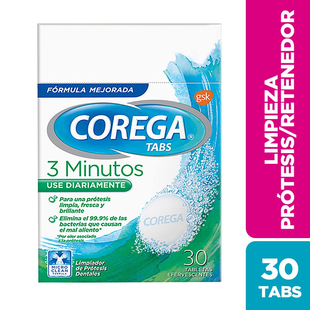 COREGA Tabs 30 – Tabletas para limpieza de prótesis