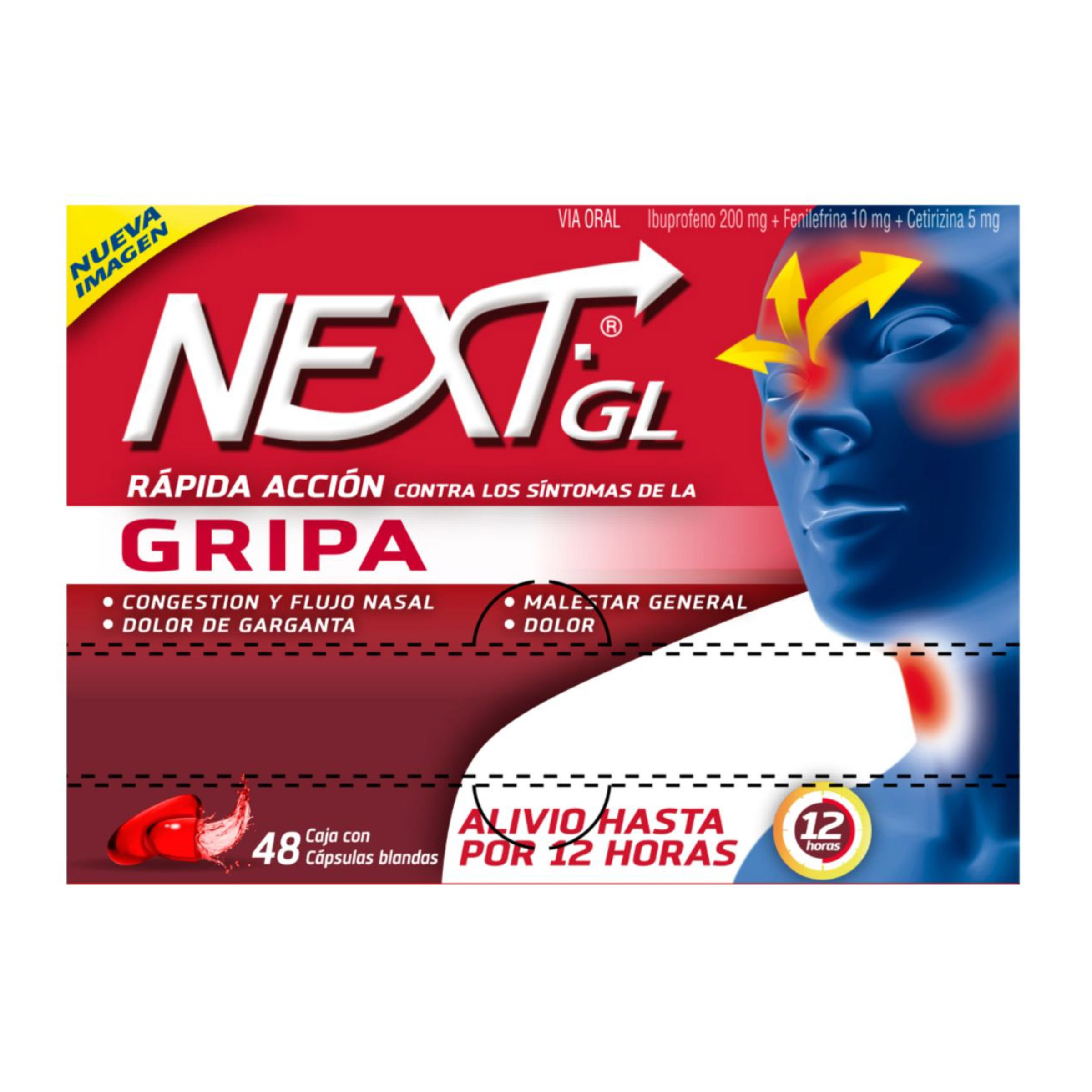 Next Gel Gripa 48 cápsulas blandas – Ibuprofeno, Fenilefrina, Cetirizina