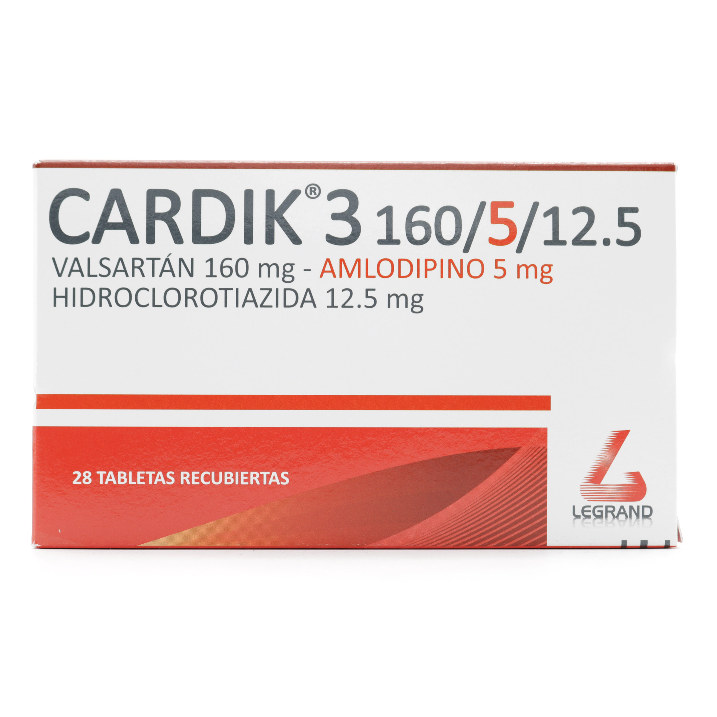 Cardik 3 160/5/12.5 mg – Valsartán + Amlodipino + Hidroclorotiazida, 28 tabletas