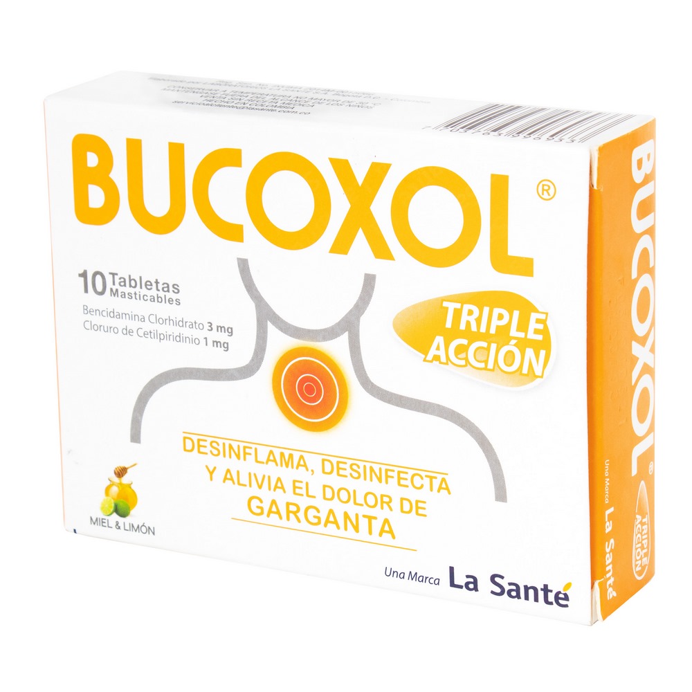 BUCOXOL TRIPLE ACCIÓN MIEL LIMÓN — 10 PASTILLAS (BENCIDAMINA-CETILPIRIDINIO) LA SANTE