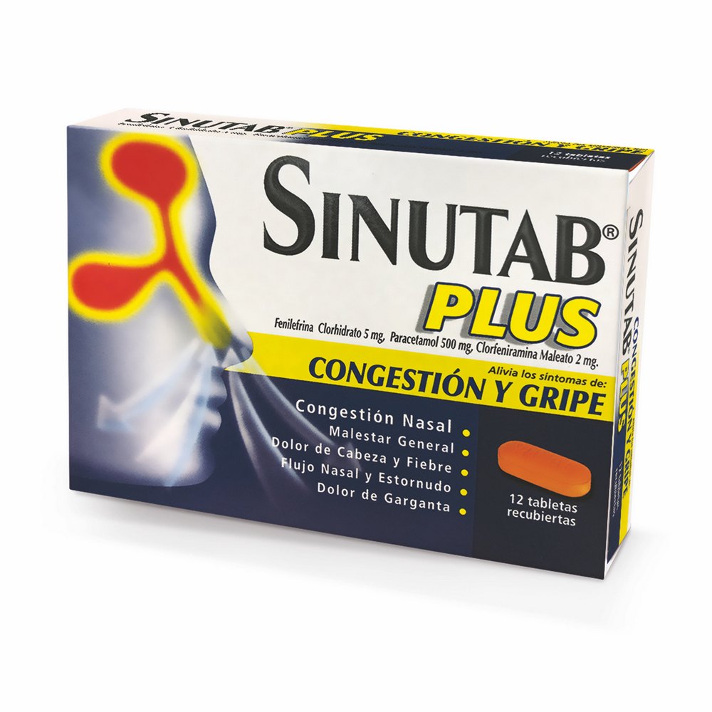 Sinutab Plus 12 tabletas – acetaminofén, clorfeniramina y fenilefrina