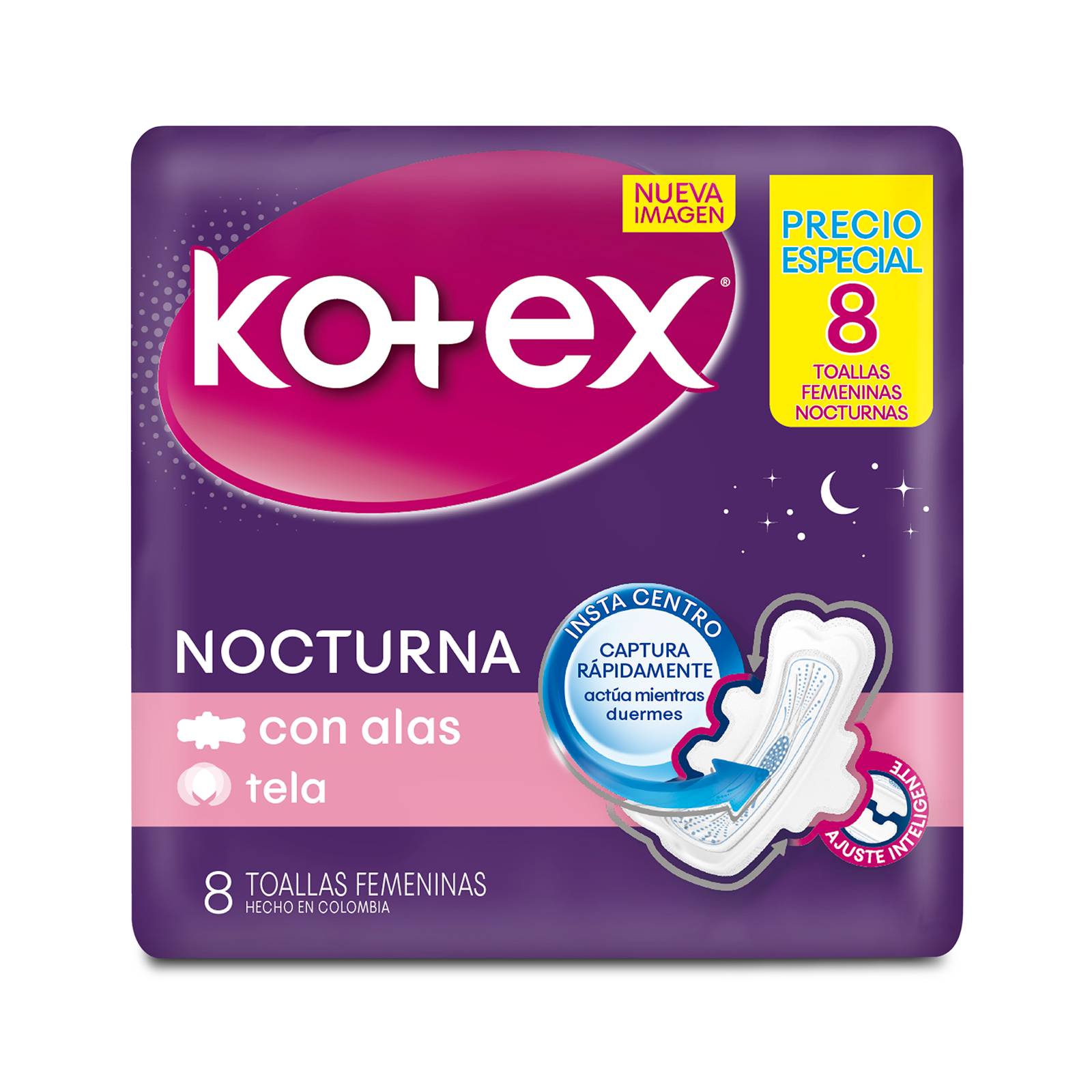 Kotex Nocturna Tela – Toallas femeninas, 8 unidades