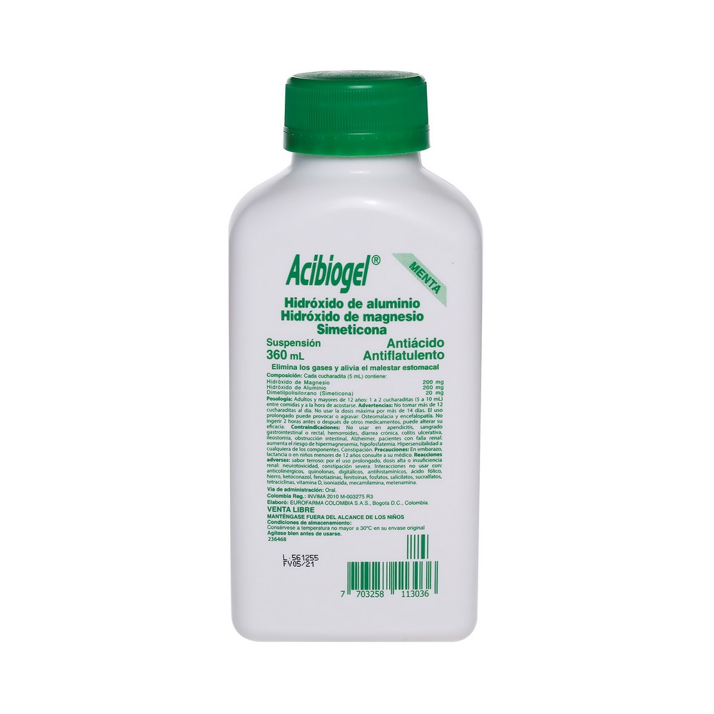 Acibiogel Hidróxido de Aluminio 360 ml – menta, con simeticona y magnesio