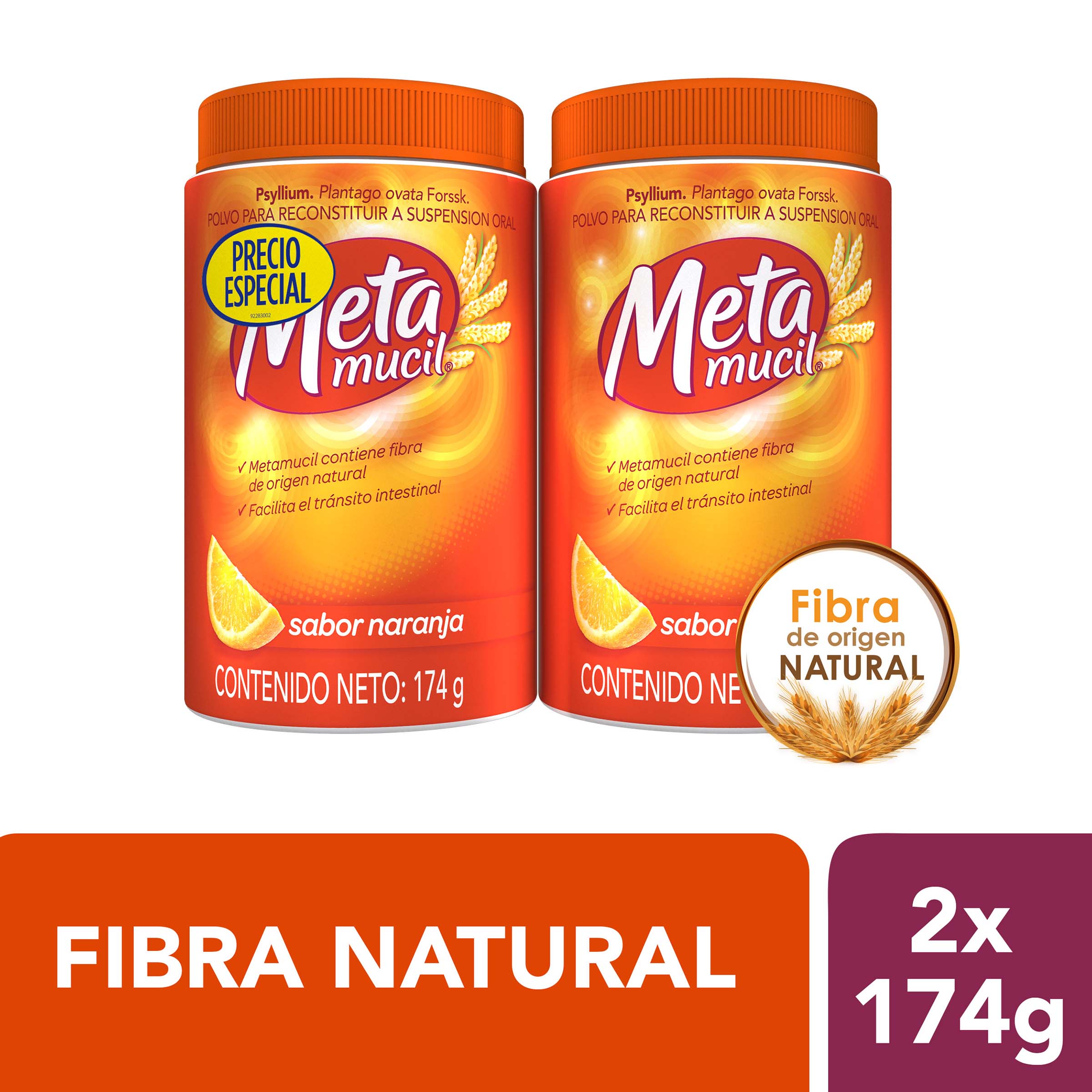 Metamucil Fibra Psyllium 174 g – Pack 2 (30 dosis por unidad)