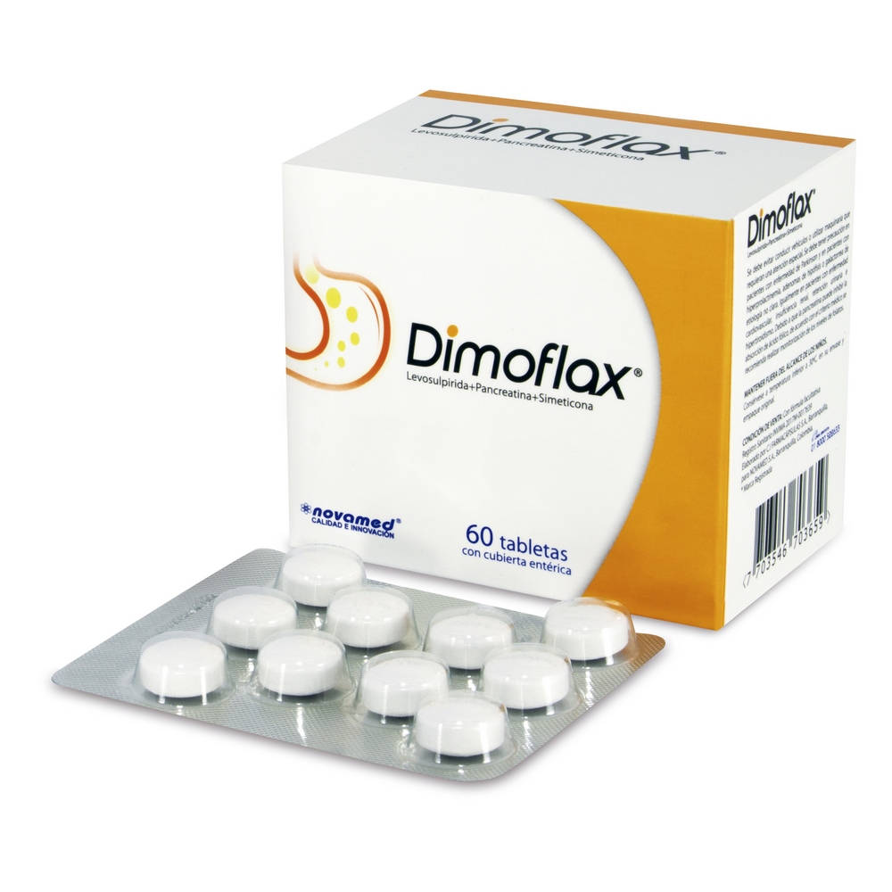Dimoflax 150 mg – 60 tabletas (levosulpirida, pancreatina y simeticona)