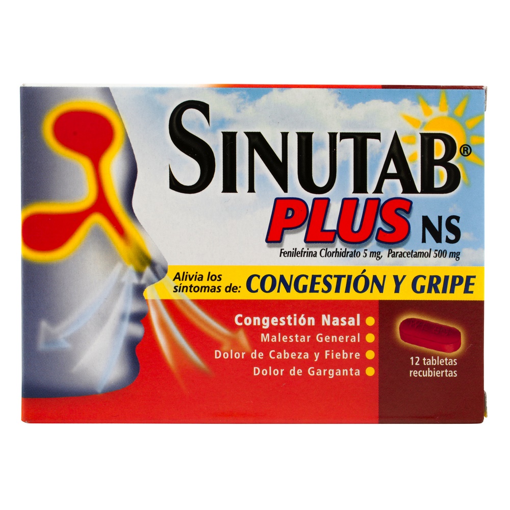 Sinutab Plus NS 12 tabletas – acetaminofén/fenilefrina