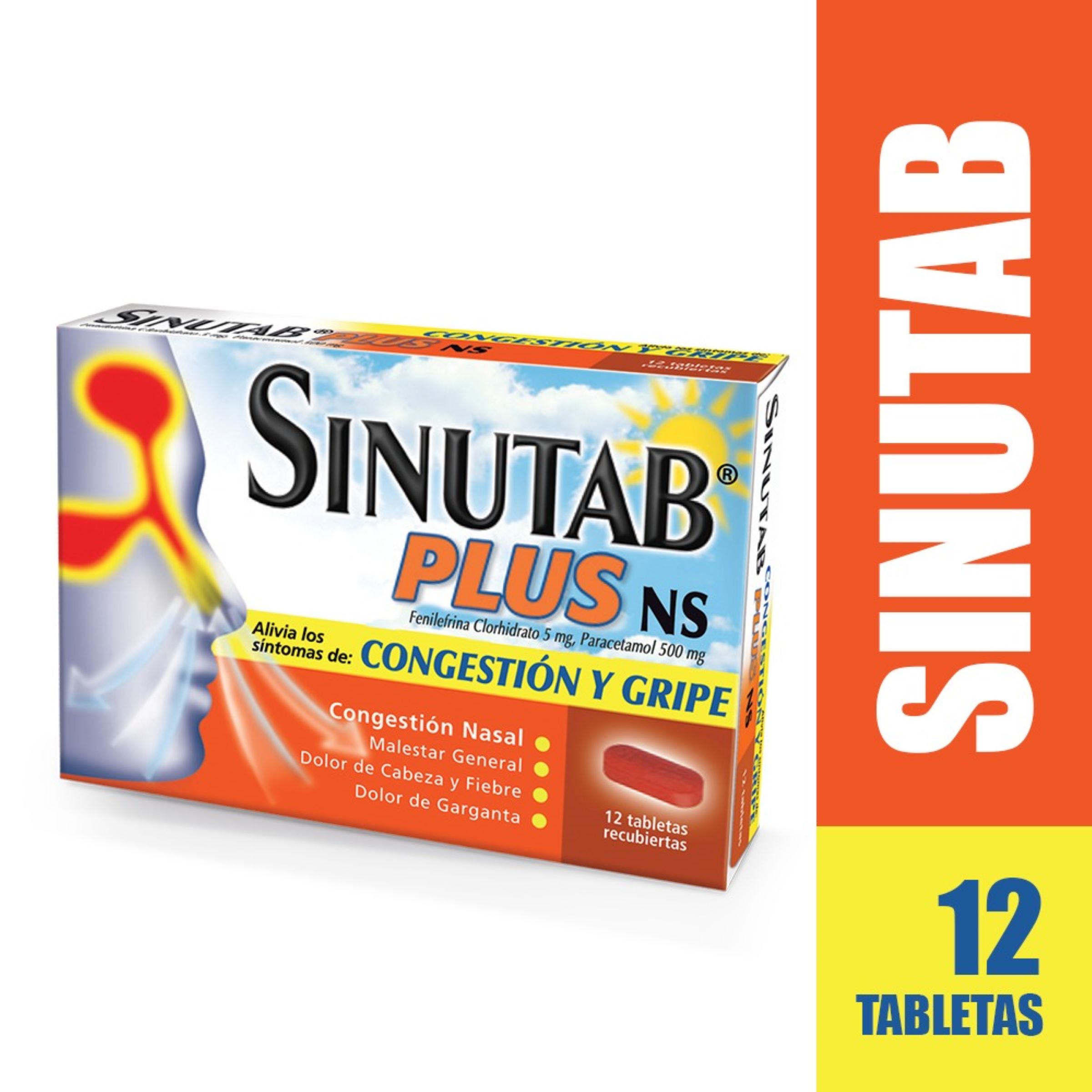 Sinutab Plus NS 12 tabletas – acetaminofén/fenilefrina
